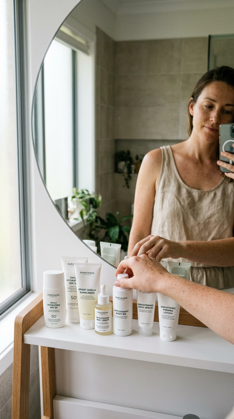 A mirror selfie showing a sleek vanity setup with several affordable sunscreens and targeted body treatments in minimalist packaging. A woman’s hand is visible reaching for a bottle. Natural light filters through a nearby window. Nano Banana style, photorealistic, 35mm lens, 9:16 ratio.
