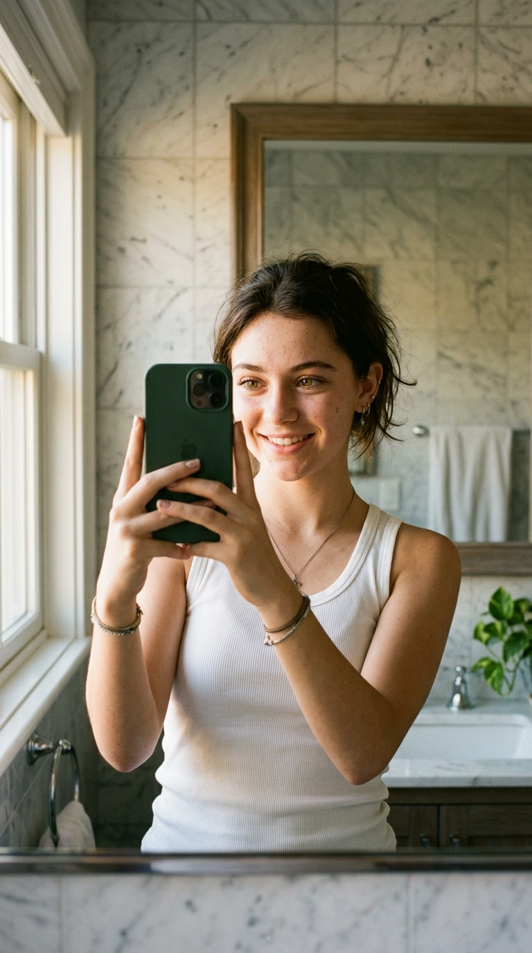 A chic mirror selfie of a teenager with authentic skin texture, wearing a simple white tank top, holding a phone with a minimalist case, soft morning sunlight hitting their face, bathroom background with marble tiles, 9:16 ratio, Nano Banana style, photorealistic, shot on 35mm lens, ultra-realistic, soft lighting, editorial aesthetic.