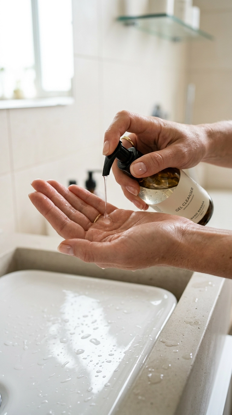 A close-up of a hand with a natural manicure dispensing a clear gel cleanser onto a palm, water droplets visible on a modern sink, soft aesthetic lighting, 9:16 ratio, Nano Banana style, photorealistic, shot on 35mm lens, highly detailed, ultra-realistic, soft lighting, editorial aesthetic.