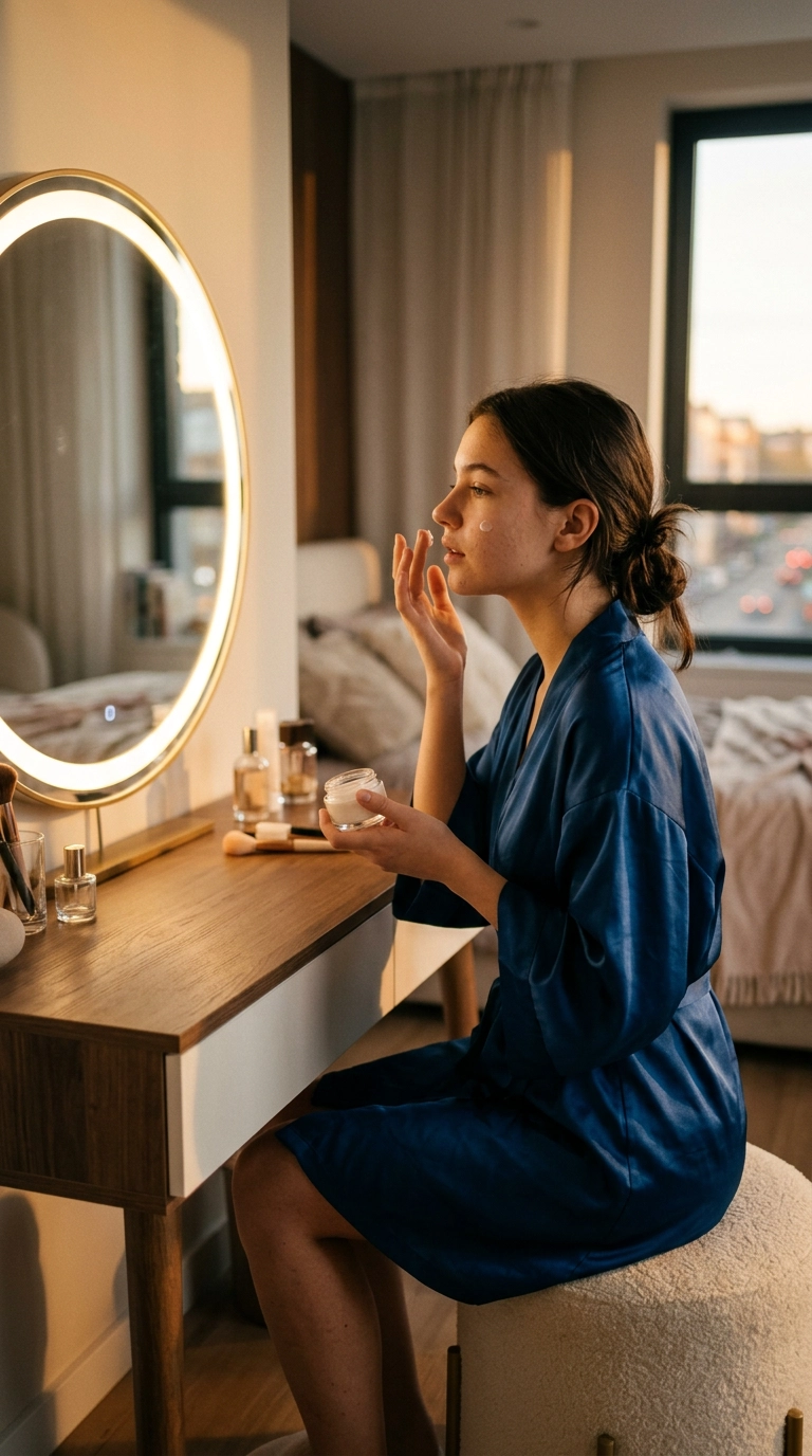 A teenager in a silk robe sitting at a modern vanity, looking into a lit mirror while applying a small amount of moisturizer, evening golden hour light through a window, 9:16 ratio, Nano Banana style, photorealistic, shot on 35mm lens, ultra-realistic, soft lighting, editorial aesthetic.