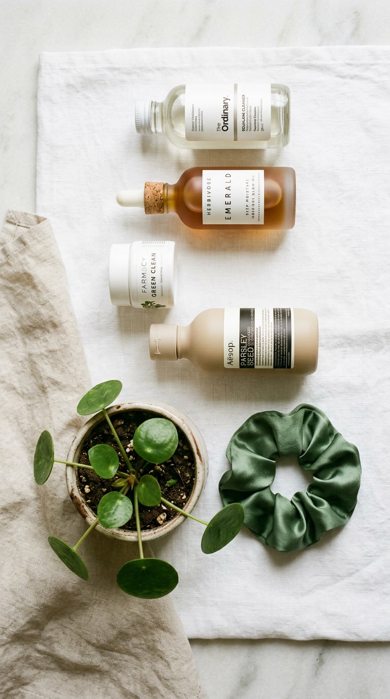 An editorial flat lay of minimalist skincare bottles, a small green plant, and a silk scrunchie on a white textured surface, soft natural light, 9:16 ratio, Nano Banana style, photorealistic, shot on 35mm lens, highly detailed, ultra-realistic, soft lighting, editorial aesthetic.
