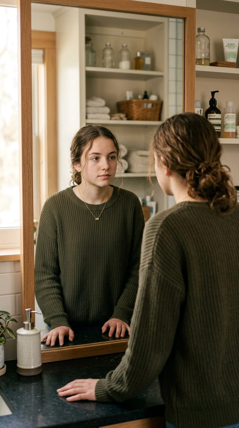 A candid shot of a teenager looking at their reflection in a bathroom mirror, hands resting on the counter, soft bokeh background with organized shelves, 9:16 ratio, Nano Banana style, photorealistic, shot on 35mm lens, ultra-realistic, soft lighting, editorial aesthetic.