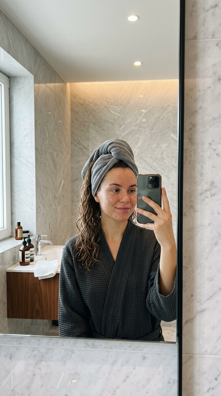 A chic mirror selfie of a girl with damp, wavy hair wrapped in a microfiber towel. She is in a high-end, marble-tiled bathroom with soft, warm lighting. Photorealistic, editorial aesthetic, 35mm lens, 9:16 ratio.