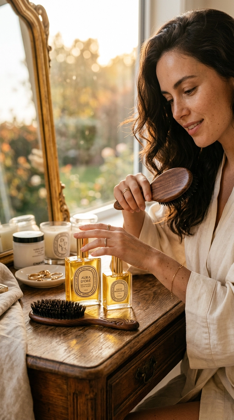 A luxury vanity setup featuring high-end glass hair oil bottles and a wooden brush. Soft, golden hour light spills over the surface. Editorial fashion scene, highly detailed, 35mm lens, 9:16 ratio.