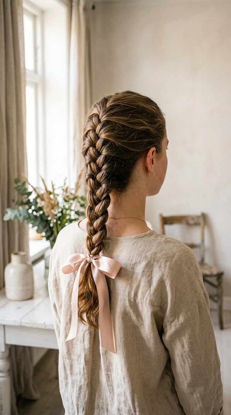 An editorial shot of a teen girl from behind, showcasing a perfect French braid held by a silk ribbon. She is in an airy, sunlit room. Photorealistic, Nano Banana style, shot on 35mm lens, 9:16 ratio.