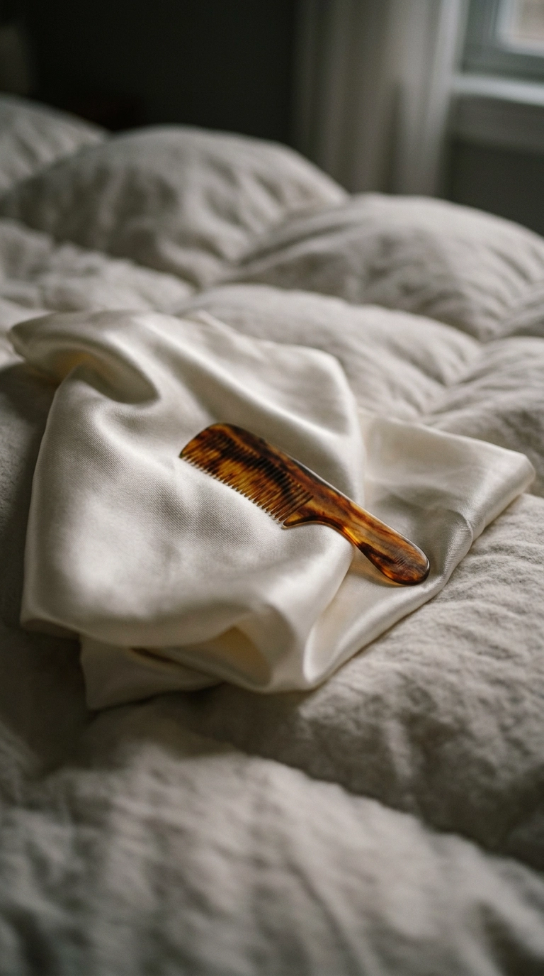 A close-up editorial shot of a silk pillowcase and a tortoise-shell comb resting on a plush white duvet. Soft, moody evening light. Photorealistic, ultra-realistic texture, 35mm lens, 9:16 ratio.