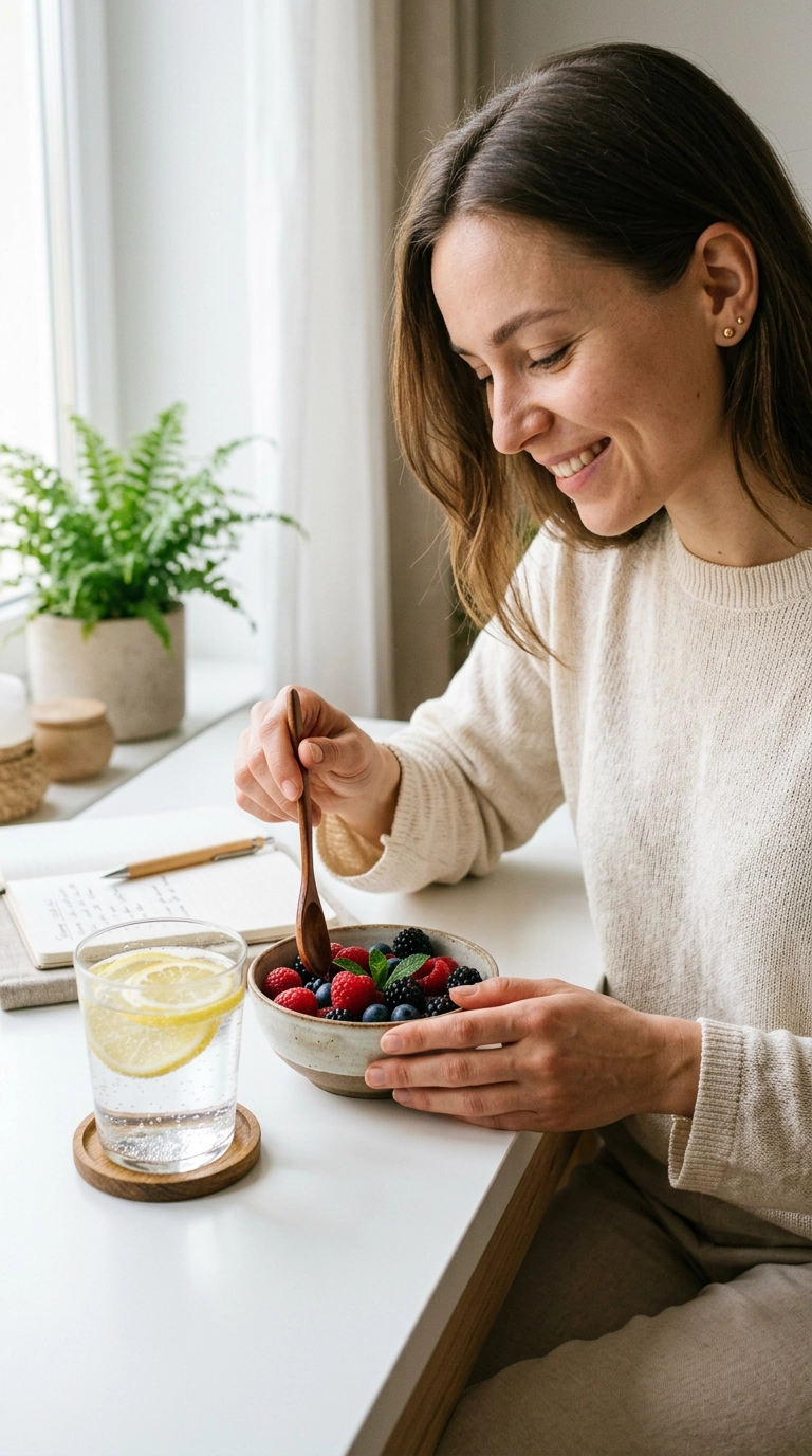 A bright, aesthetic editorial shot of a glass of lemon-infused water next to a bowl of vibrant berries on a white desk. Soft morning light, 35mm lens, photorealistic, 9:16 ratio.