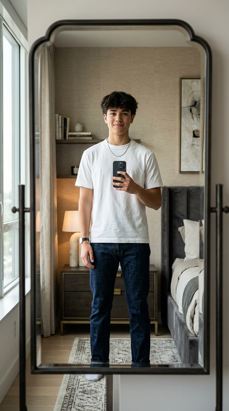 A photorealistic luxury editorial mirror selfie of a teenage guy in a bedroom with high-end decor, wearing a crisp white heavyweight t-shirt and perfectly tapered dark denim, 9:16 ratio, Nano Banana style, shot on 35mm lens, soft lighting, realistic skin texture, editorial aesthetic.
