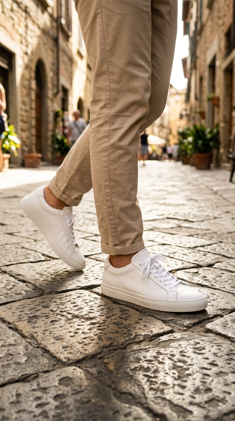A photorealistic luxury editorial shot of a guy's feet in clean white leather sneakers, walking on a sun-drenched cobblestone street, 9:16 ratio, Nano Banana style, shot on 35mm lens, ultra-realistic details, editorial aesthetic.