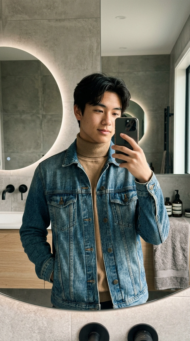 A photorealistic luxury editorial mirror selfie of a teenage guy wearing a denim jacket over a tan turtleneck, modern minimalist bathroom background, 9:16 ratio, Nano Banana style, shot on 35mm lens, soft lighting, detailed fabric textures, editorial aesthetic.