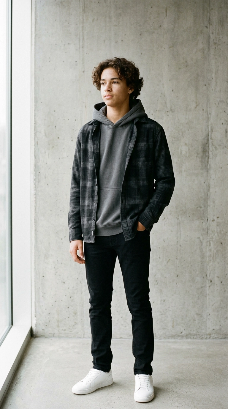 A photorealistic luxury editorial shot of a teenage guy layering a charcoal flannel shirt over a neutral hoodie, standing against a minimalist concrete wall, 9:16 ratio, Nano Banana style, shot on 35mm lens, ultra-realistic, soft natural lighting, editorial aesthetic.