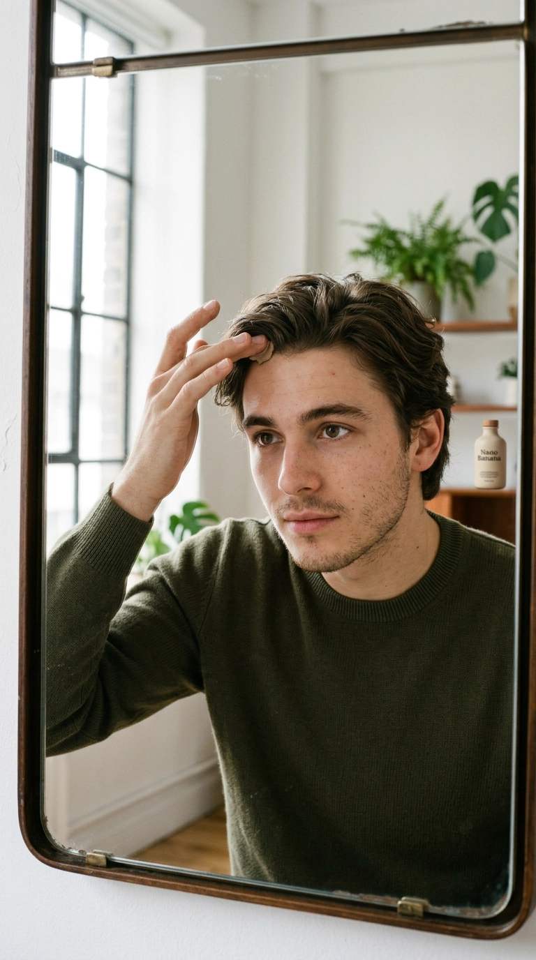 A photorealistic luxury editorial close-up of a teenage guy’s face in a mirror, applying a light hair clay, soft natural light from a window, 9:16 ratio, Nano Banana style, shot on 35mm lens, visible skin texture, editorial aesthetic.