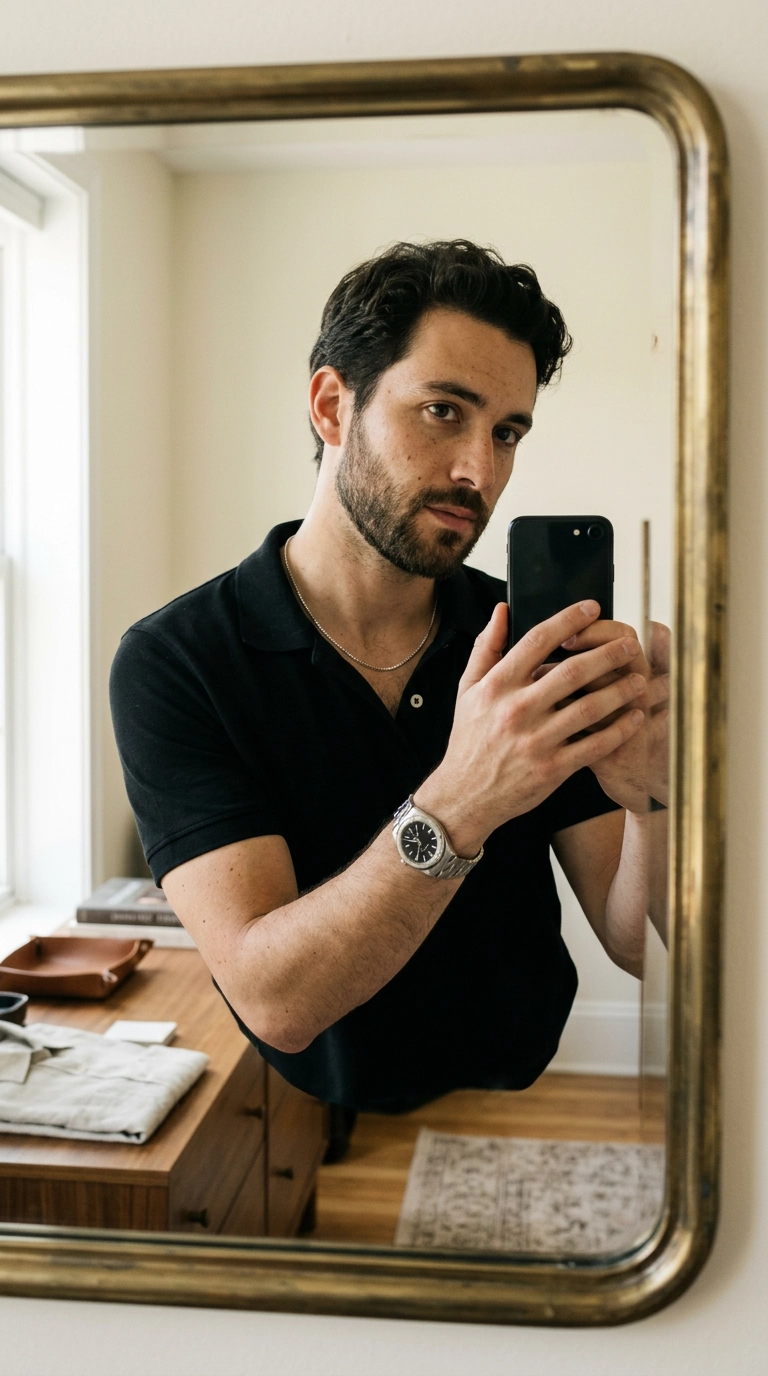 A photorealistic luxury editorial mirror selfie of a guy wearing a simple silver chain and a classic watch, dressed in a black polo shirt, 9:16 ratio, Nano Banana style, shot on 35mm lens, soft lighting, detailed metal textures, editorial aesthetic.