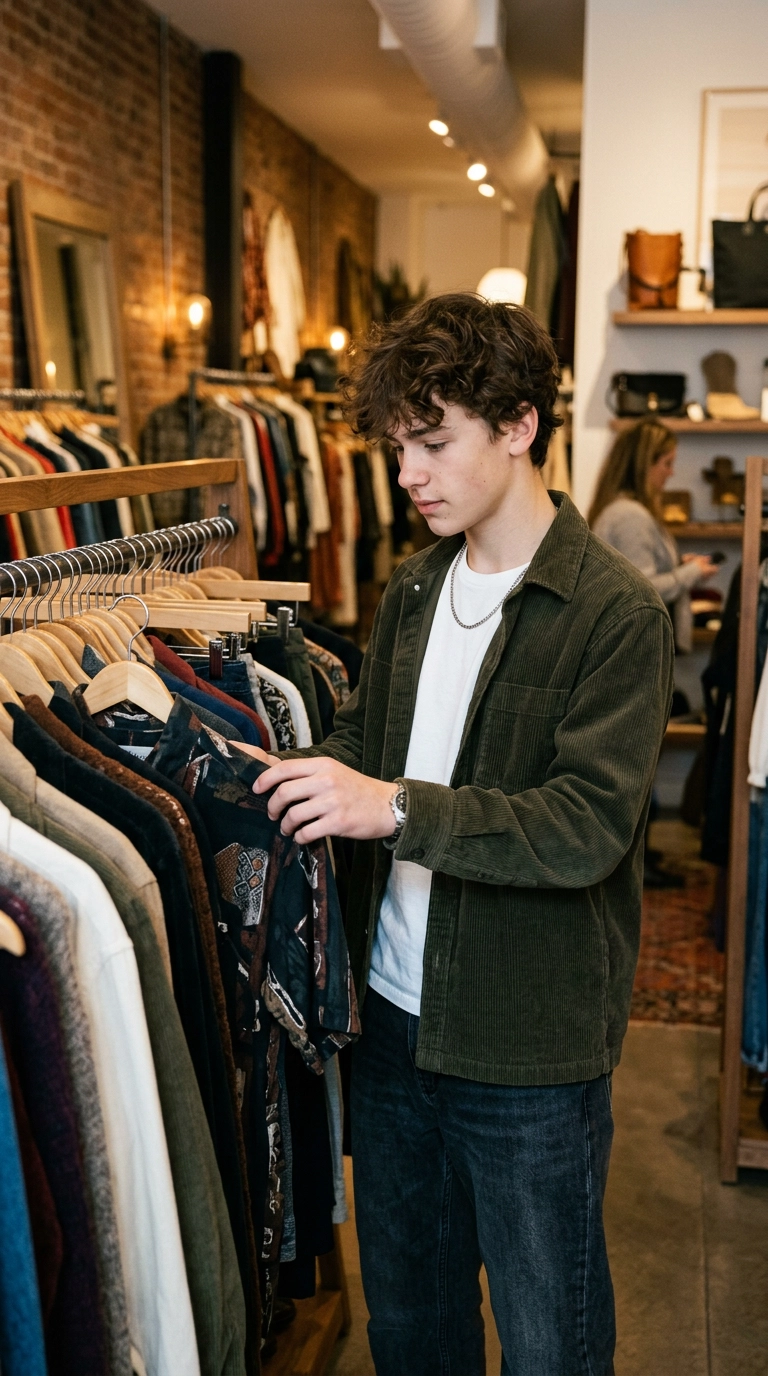 A photorealistic luxury editorial shot of a teenage guy looking through a rack of vintage clothes in a high-end boutique, 9:16 ratio, Nano Banana style, shot on 35mm lens, soft indoor lighting, realistic environment, editorial aesthetic.