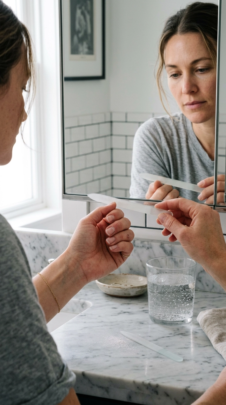 Nano Banana style, photorealistic, shot on 35mm lens, 9:16 ratio, mirror selfie of a hand resting on a marble countertop next to a glass of sparkling water, showing clean and natural nails being shaped with a high-quality glass file, soft natural light, minimalist jewelry, ultra-realistic skin texture.