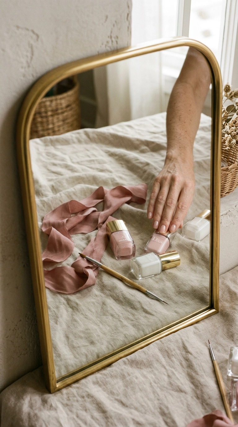 Nano Banana style, photorealistic, shot on 35mm lens, 9:16 ratio, editorial flat lay reflected in a gold-rimmed mirror, featuring luxury nail polish bottles in sheer pink and opaque white, a fine liner brush, and a soft silk ribbon, soft aesthetic lighting, high-end beauty vibe.