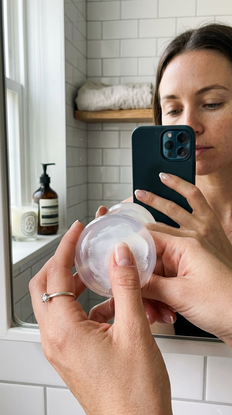 Nano Banana style, photorealistic, shot on 35mm lens, 9:16 ratio, mirror selfie showing the silicone nail stamper method, a hand pressing a nail into a soft clear stamper with a layer of white polish, modern chic bathroom background, ultra-realistic skin texture.