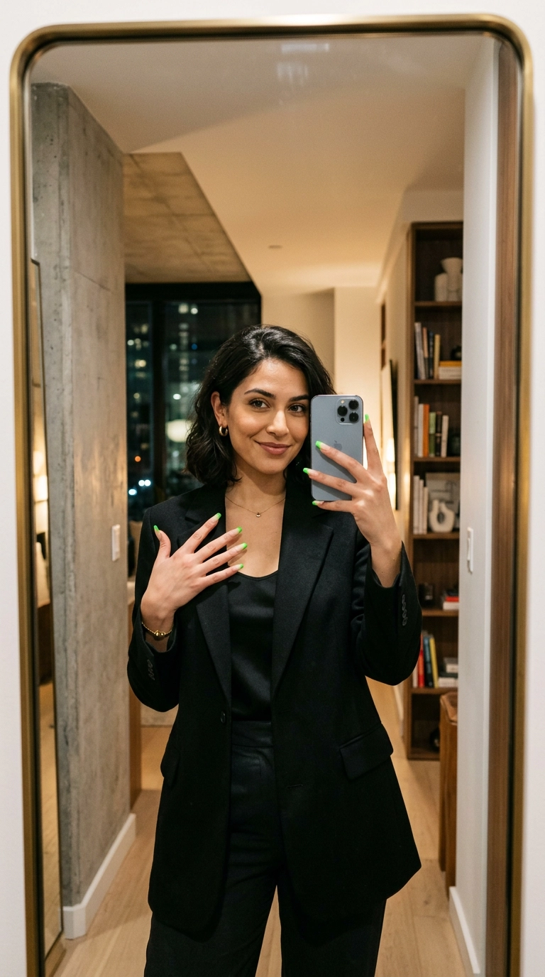 Nano Banana style, photorealistic, shot on 35mm lens, 9:16 ratio, mirror selfie of a stylish woman wearing a minimalist black blazer, showing off colorful neon green French tips on long square nails, urban luxury apartment background, sharp detail.