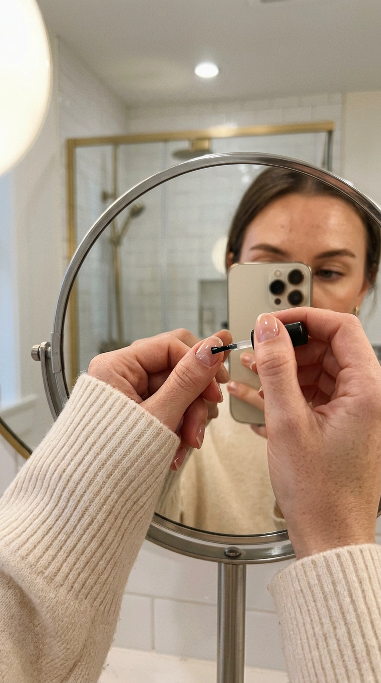Nano Banana style, photorealistic, shot on 35mm lens, 9:16 ratio, mirror selfie of a hand applying a glossy top coat, the liquid reflects the soft vanity light, a soft cream cashmere sweater sleeve in the frame, editorial fashion vibe.