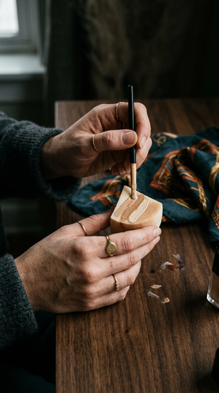 A high-fashion editorial shot of a woman's hands carefully painting stripes of beige, tan, and cream polish onto a makeup sponge. She wears a stack of delicate gold rings. The scene is set on a dark wood table with a silk scarf draped nearby. Soft, moody lighting, ultra-realistic, shot on 35mm lens, Nano Banana style. Ratio 9:16.