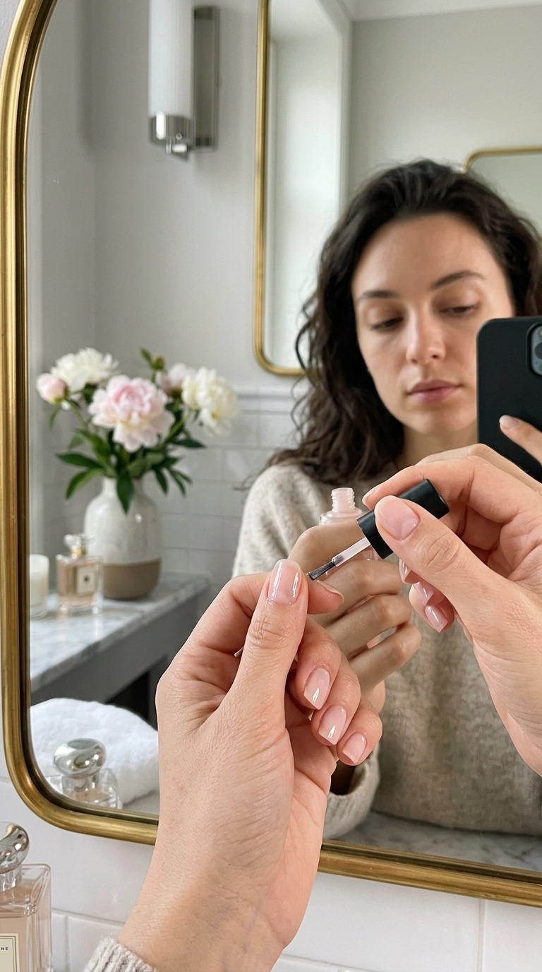 A photorealistic close-up mirror selfie showing a hand applying a pale base coat to perfectly shaped nails. The background shows a blurry, luxury bathroom with a gold-rimmed mirror and fresh peonies. The lighting is editorial and soft, focusing on the realistic texture of the cuticles and the shine of the wet polish, shot on 35mm lens. Ratio 9:16.