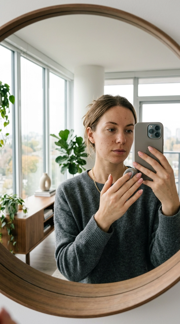 A stunning mirror selfie of a woman dabbing a sponge onto her fingernails. Her expression is focused and calm. The reflection shows a modern, minimalist apartment with large windows. The nails show a soft pink gradient in progress. Realistic skin pores, soft lighting, editorial aesthetic, 35mm lens. Ratio 9:16.