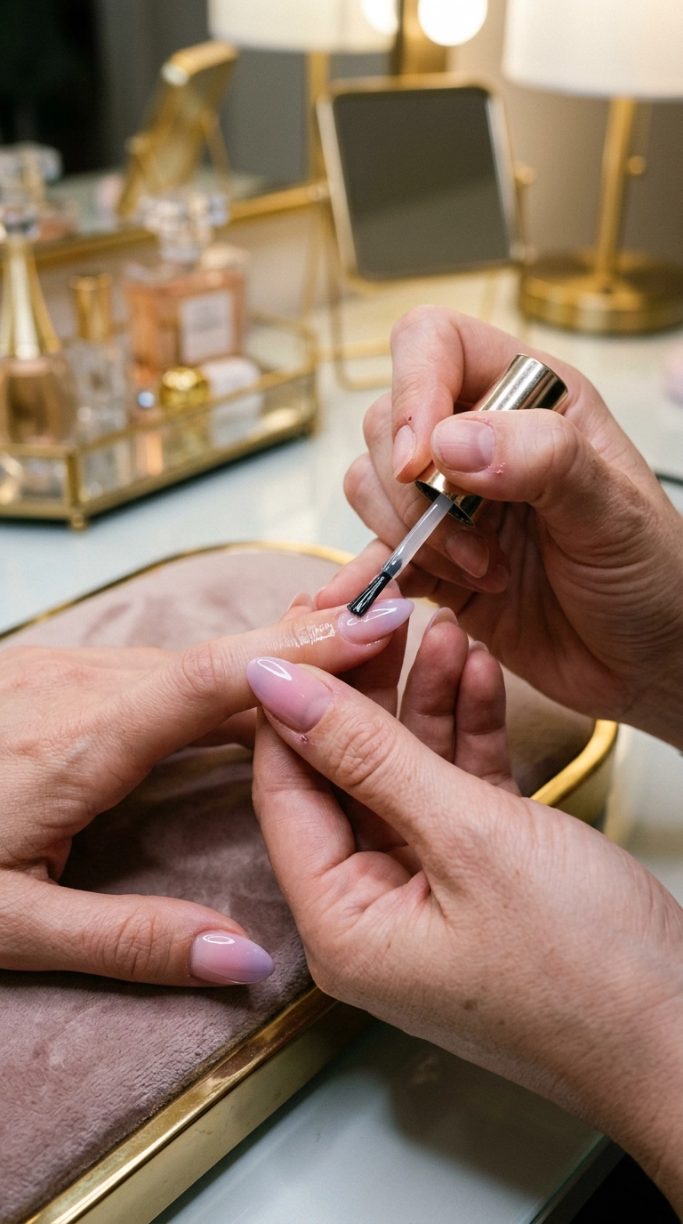 A photorealistic, editorial shot of a high-shine clear top coat being applied to an ombre nail. The brush is mid-stroke, showing how the top coat instantly smooths the gradient. The background is a soft-focus luxury vanity with gold accents. Shot on 35mm lens, Nano Banana style, ultra-detailed. Ratio 9:16.