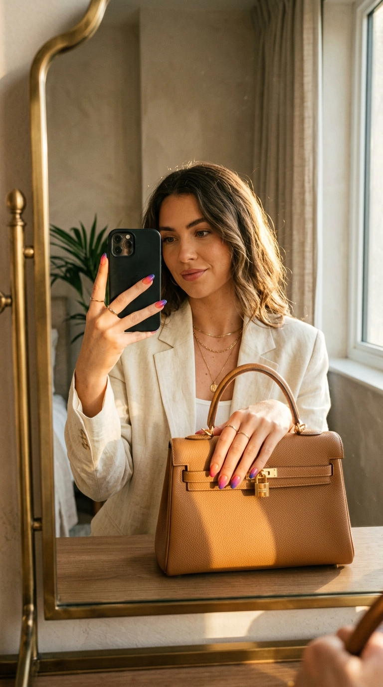 A chic mirror selfie showing a woman's hand resting on a designer handbag. Her nails are a stunning sunset ombre. The lighting is golden hour, highlighting the flawless transition of colors. The scene is editorial and aspirational, shot on 35mm lens, photorealistic. Ratio 9:16.