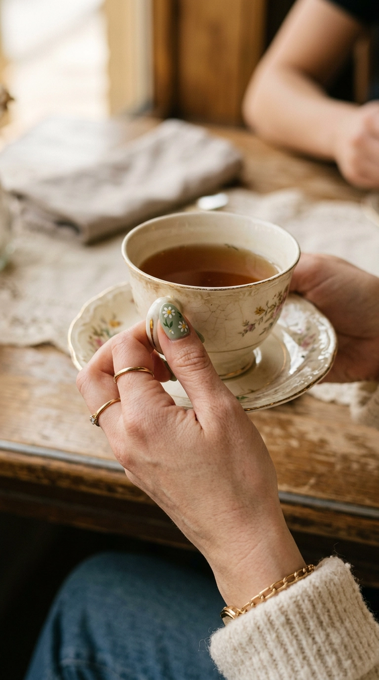 A detailed vertical shot of a hand holding a vintage ceramic teacup. The nails are painted a soft sage green with delicate white daisies, luxury aesthetic, shot on 35mm lens, Nano Banana style, ultra-realistic, editorial lighting, 9:16 ratio.