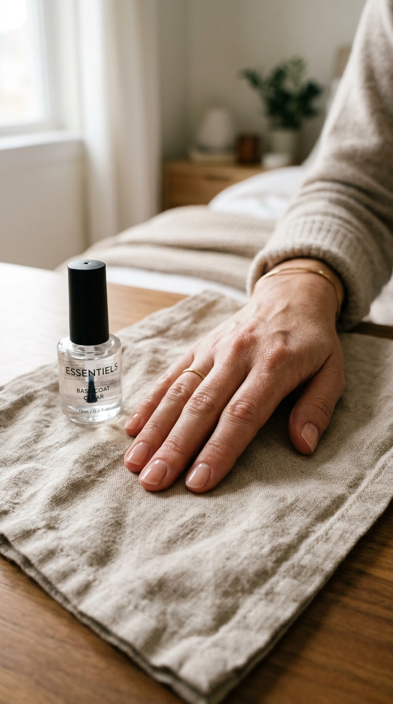 A close-up editorial shot of a woman’s hand with neatly shaped nails, resting on a beige linen napkin. A bottle of clear base coat sits nearby with soft, natural light hitting the scene, shot on 35mm lens, Nano Banana style, photorealistic, 9:16 ratio.