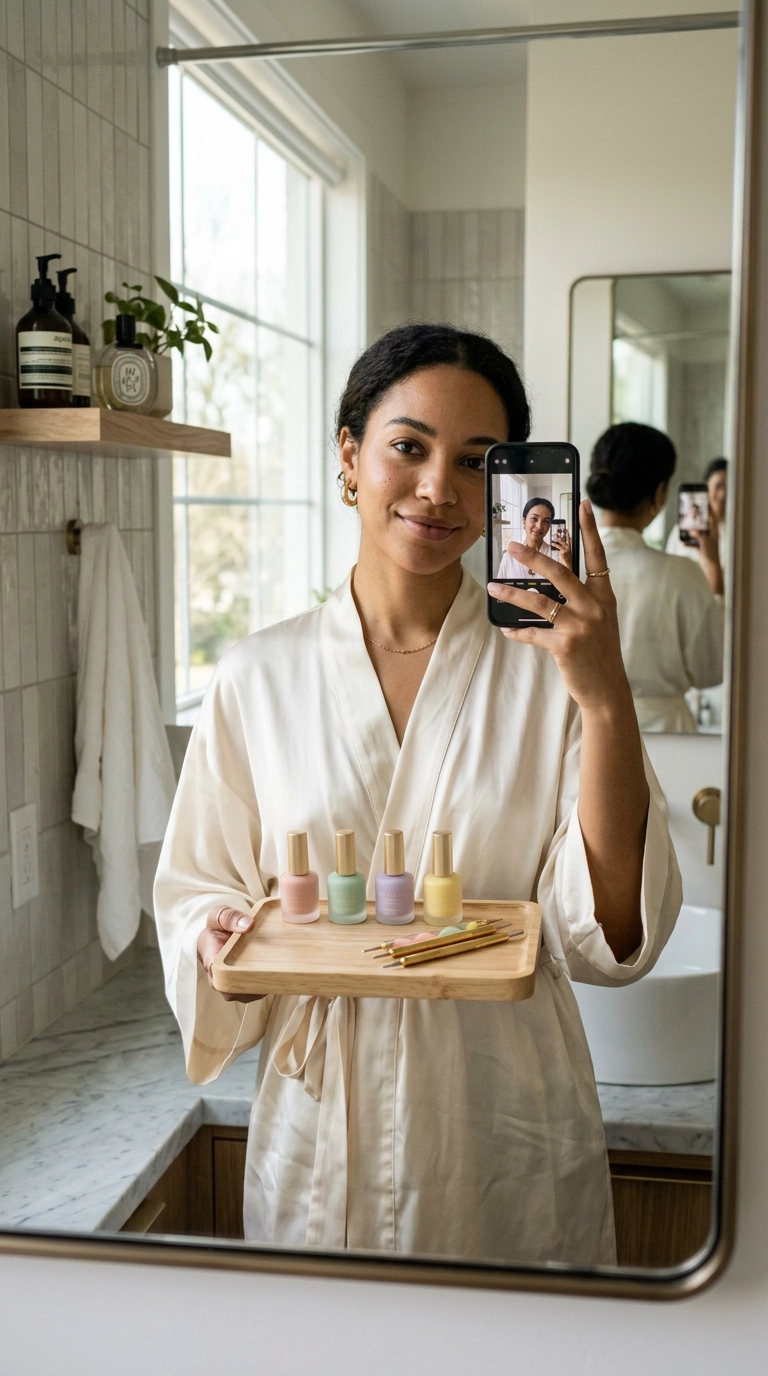 A vertical mirror selfie of a stylish woman in a silk robe holding a minimalist tray of pastel nail polishes and gold dotting tools. The background is a modern, sun-drenched bathroom with neutral tones, shot on 35mm lens, Nano Banana style, ultra-realistic, soft lighting, 9:16 ratio.