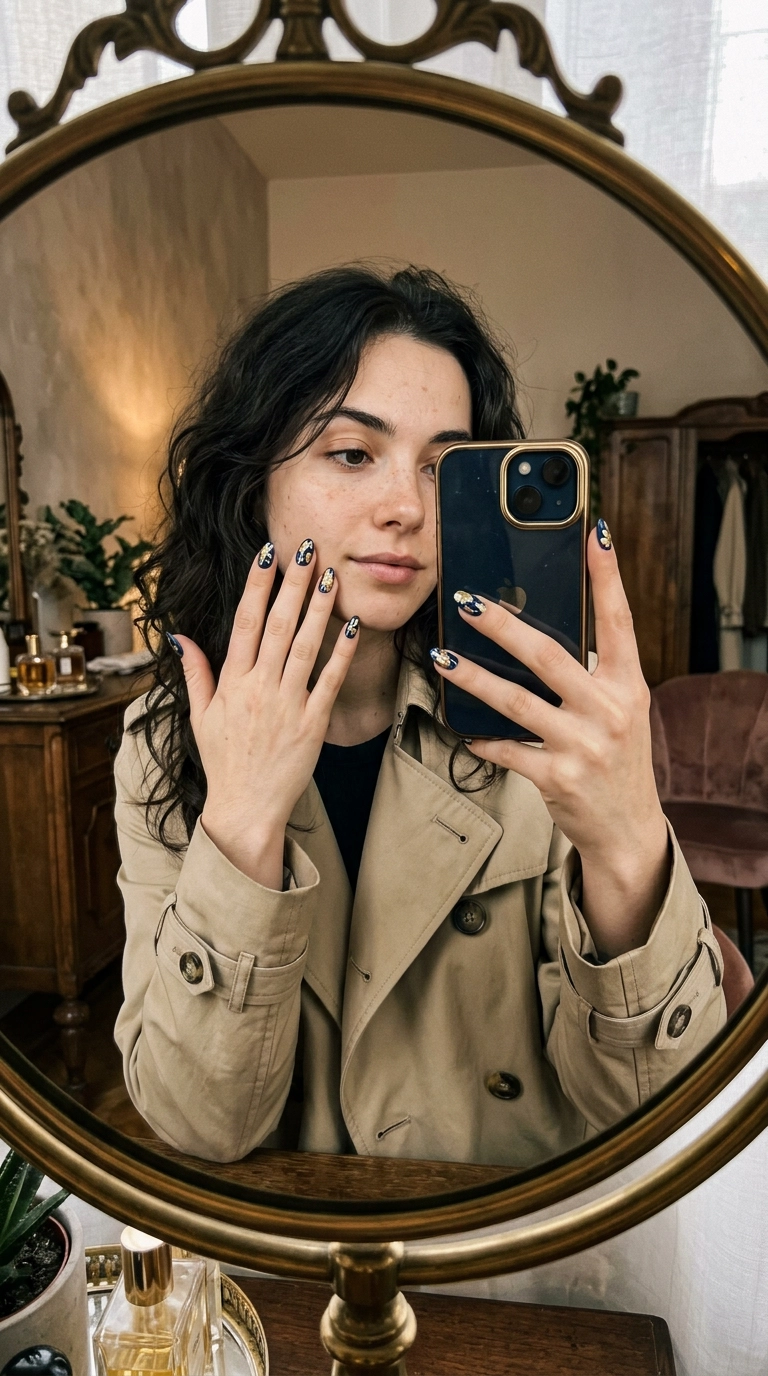 A mirror selfie showing a woman’s hands near her face; her nails have an abstract floral design in gold and navy. She is wearing a high-end beige trench coat, shot on 35mm lens, Nano Banana style, luxury editorial aesthetic, 9:16 ratio.