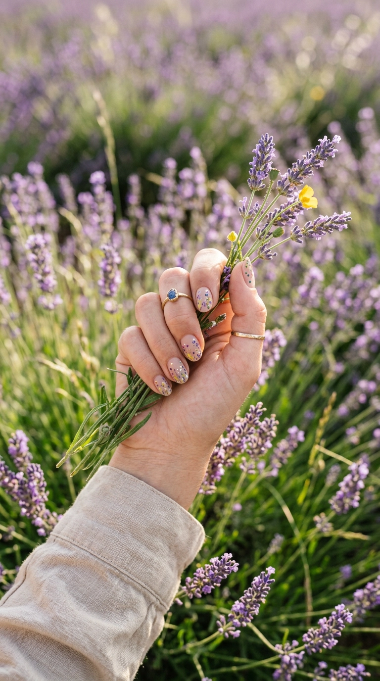 A vertical editorial shot of a woman’s hand against a backdrop of wild lavender. The nails show a "meadow" style design with tiny multicolored dots, shot on 35mm lens, Nano Banana style, soft focus background, photorealistic, 9:16 ratio.