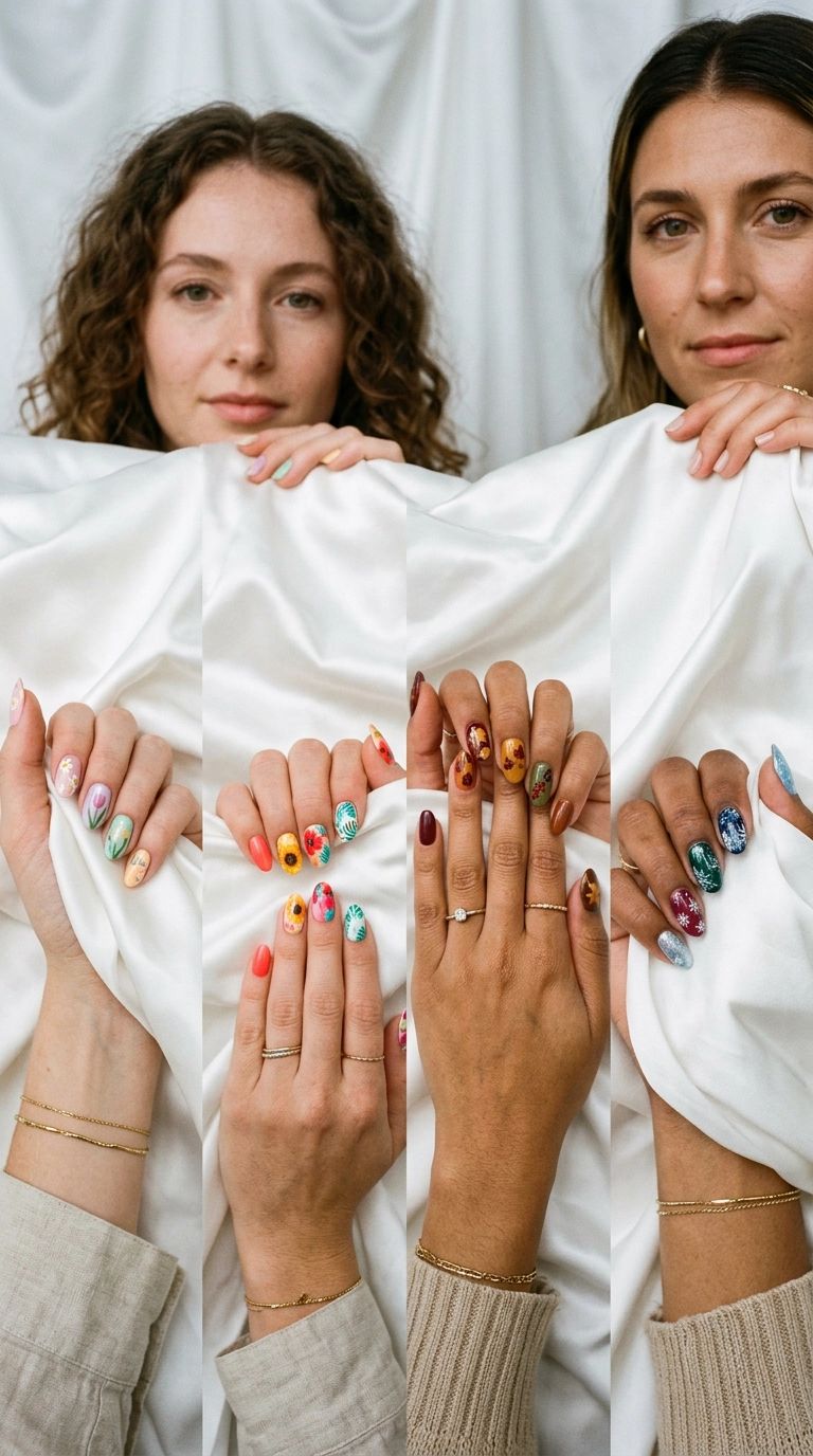 An editorial vertical shot of four sets of nail swatches on a white silk background, each showing a different seasonal floral palette, shot on 35mm lens, Nano Banana style, soft lighting, 9:16 ratio.