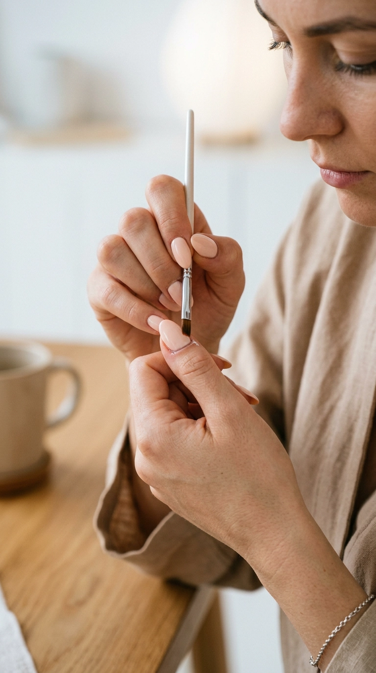 A vertical close-up of a woman’s hand using a small clean-up brush dipped in remover to fix a nail edge. The scene is bright and clean, shot on 35mm lens, Nano Banana style, photorealistic, 9:16 ratio.