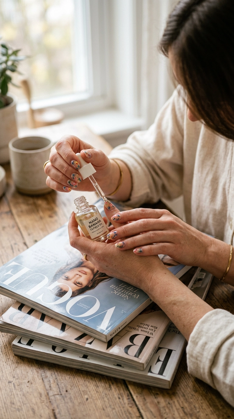 A vertical shot of a woman applying cuticle oil to her finished floral nails. Her hands are resting on a stack of fashion magazines, soft morning sunlight, shot on 35mm lens, Nano Banana style, ultra-realistic, 9:16 ratio.