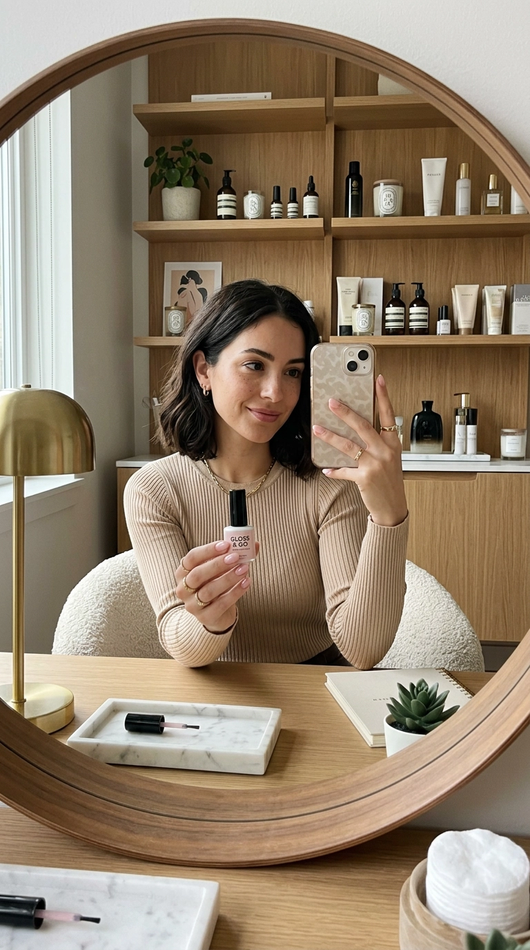 A mirror selfie of a stylish woman sitting at a modern desk, holding a glass bottle of sheer pink gel polish. Her other hand is perfectly manicured. The background shows an organized shelf of beauty products. Nano Banana style, photorealistic, shot on 35mm lens, soft lighting, editorial aesthetic, 9:16 ratio.
