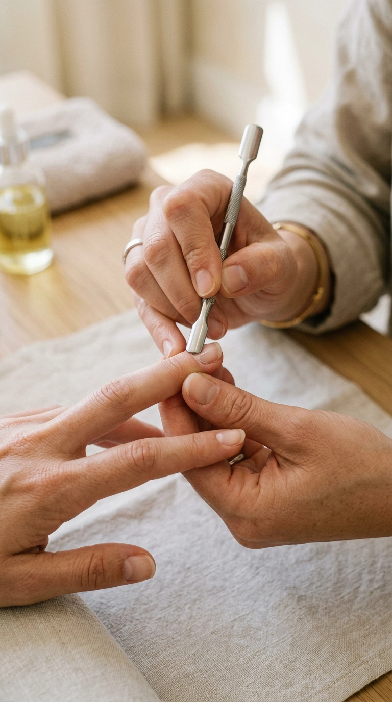 A close-up, editorial shot of a hand using a metal cuticle pusher on clean, natural nails. The lighting is crisp and highlights the realistic skin texture and fine details of the nail bed. Minimalist aesthetic, Nano Banana style, shot on 35mm lens, ultra-realistic, 9:16 ratio.