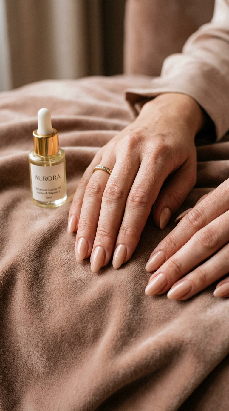 Hands resting on a plush velvet surface, showing off a finished high-shine nude manicure. A bottle of cuticle oil is nearby. Photorealistic, soft editorial lighting, 35mm lens, luxury aesthetic, Nano Banana style, 9:16 ratio.
