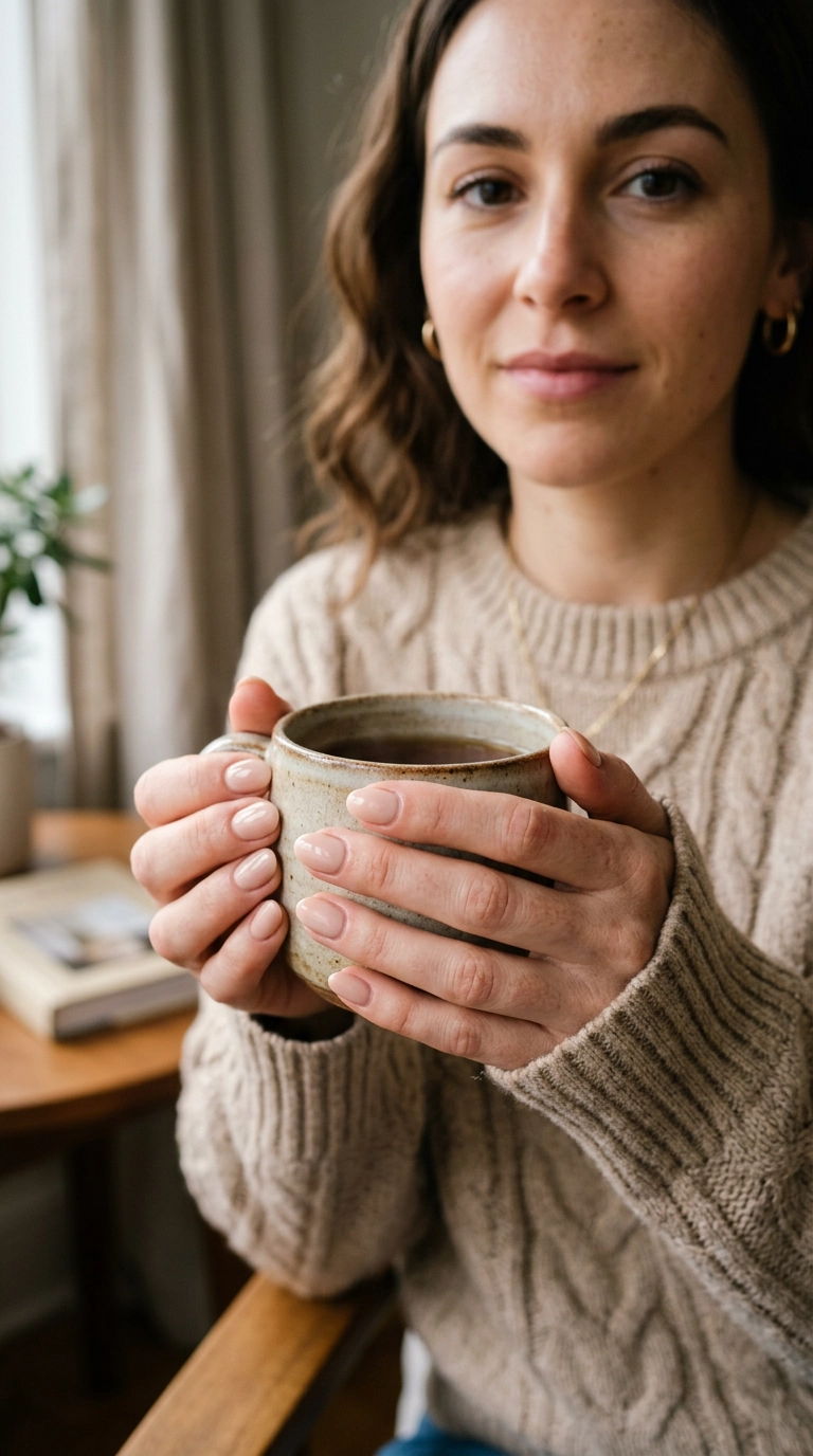 A lifestyle shot of a woman wearing a beige knit sweater, her perfectly manicured hands holding a ceramic mug. The focus is on the healthy, hydrated cuticles. Photorealistic, shot on 35mm lens, soft natural light, editorial beauty, 9:16 ratio.