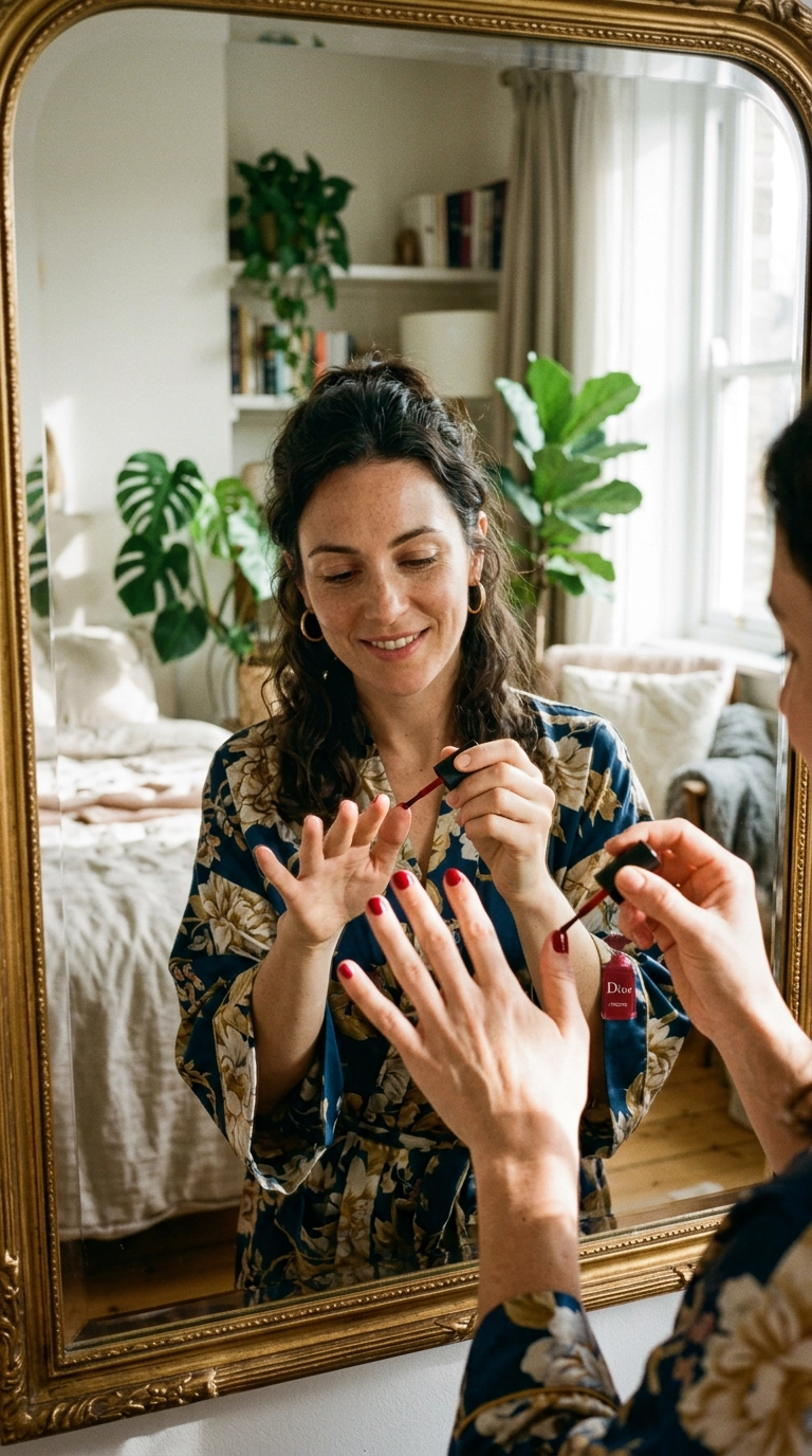 A chic mirror selfie showing a woman applying a vibrant deep red gel polish. She is wearing a silk robe, and the room is bathed in soft afternoon sun. The focus is on the precision of the polish application. Photorealistic, 35mm lens, editorial aesthetic, 9:16 ratio.