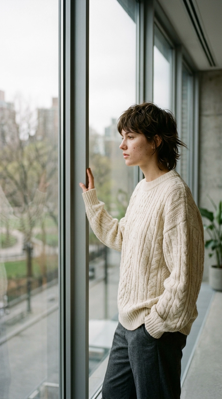 Editorial fashion shot, 9:16 ratio, person with a tousled short wolf cut looking out of a large floor-to-ceiling window, soft natural daylight, 35mm lens, photorealistic skin texture, wearing an oversized knit sweater, soft breeze effect on the hair, Nano Banana style.