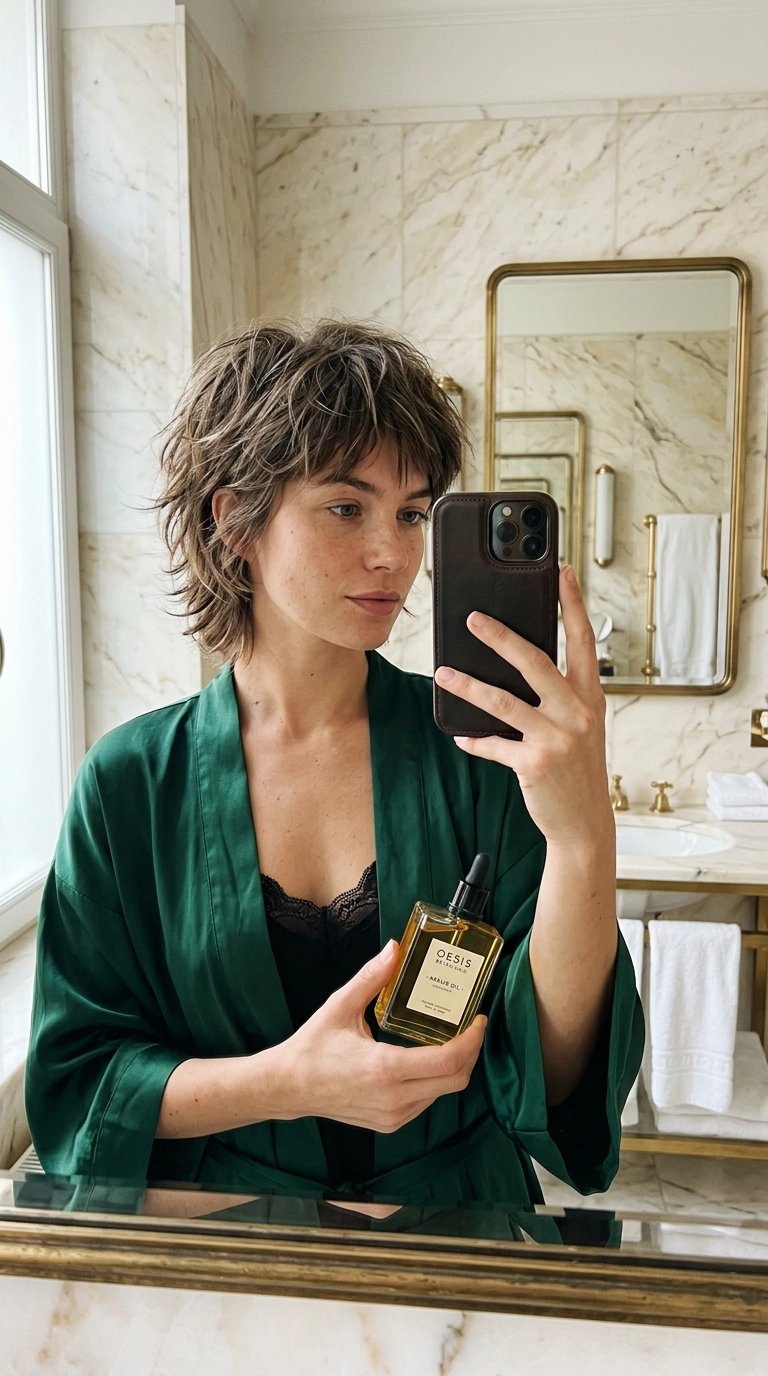 Mirror selfie, 9:16 ratio, a stylish woman with a short wolf cut in a luxury marble bathroom, wearing a silk robe, holding a high-end amber glass hair oil bottle, soft editorial lighting, 35mm lens, photorealistic, Nano Banana style, focus on hair texture and realistic hands.