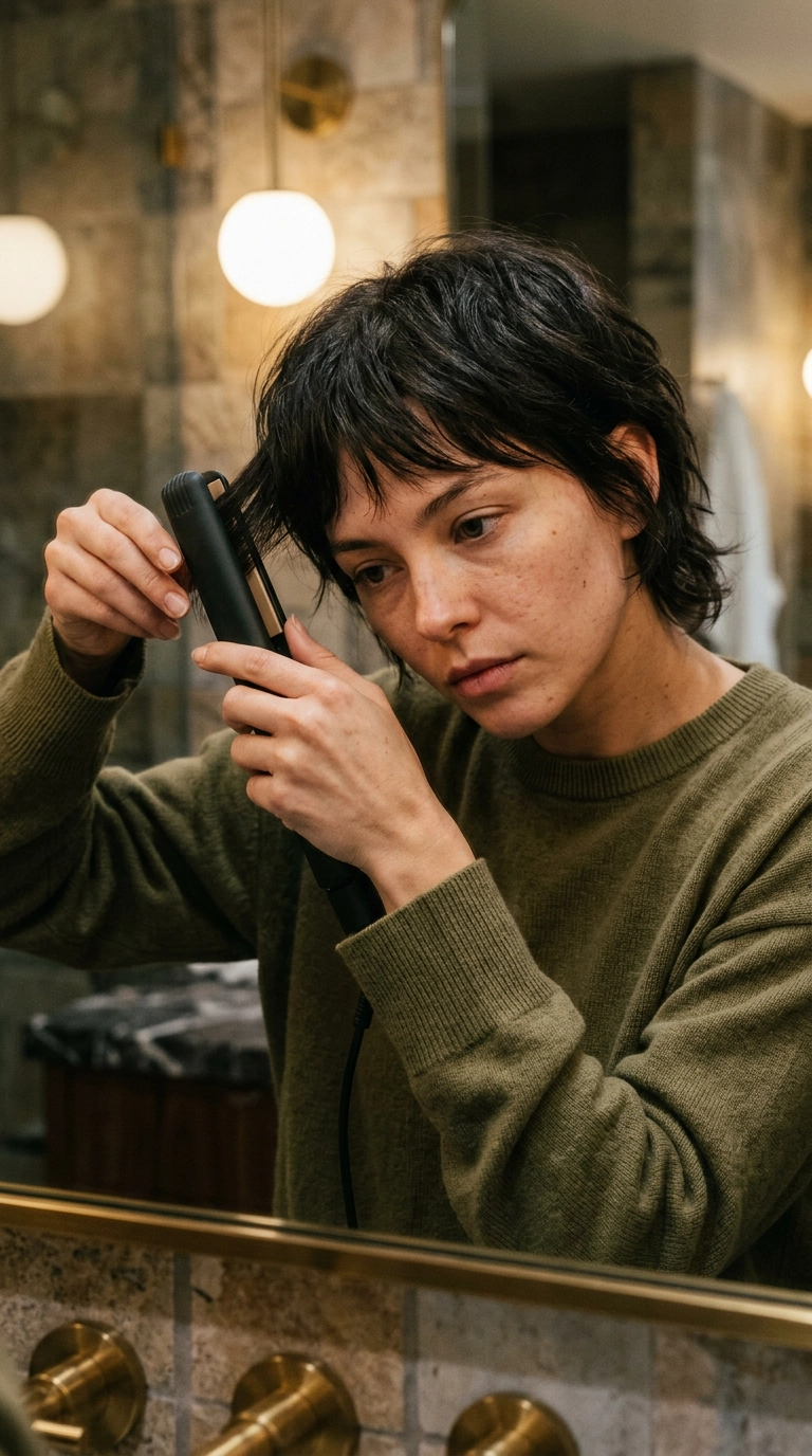 Close-up 9:16 ratio, a person using a small flat iron to style the bangs of a short wolf cut, luxury bathroom setting with soft warm lighting, 35mm lens, Nano Banana style, sharp focus on the hair strands and the tool, photorealistic.