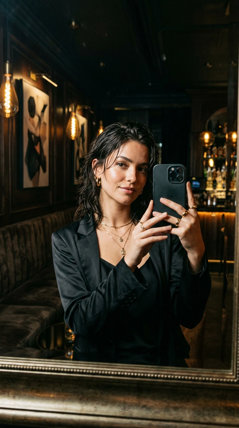 9:16 ratio, night-out aesthetic, a person with a sleek and slightly damp-look wolf cut, wearing a black silk blazer and gold jewelry, mirror selfie in a dimly lit high-end cocktail bar, 35mm lens, photorealistic, Nano Banana style.