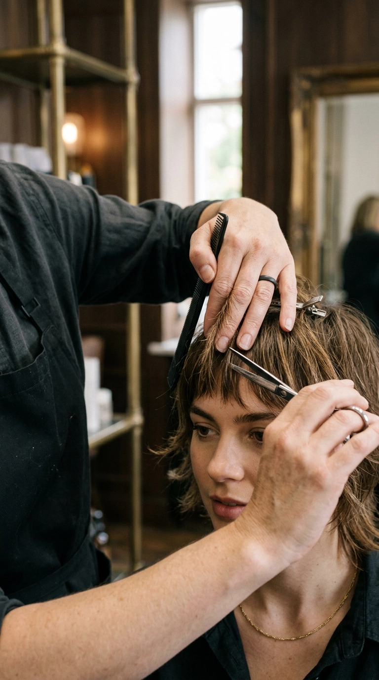 9:16 ratio, professional hair stylist's hands using shears to carefully trim the fringe of a short wolf cut, luxury salon backdrop, soft focus background, 35mm lens, Nano Banana style, photorealistic, emphasis on hair texture and movement.