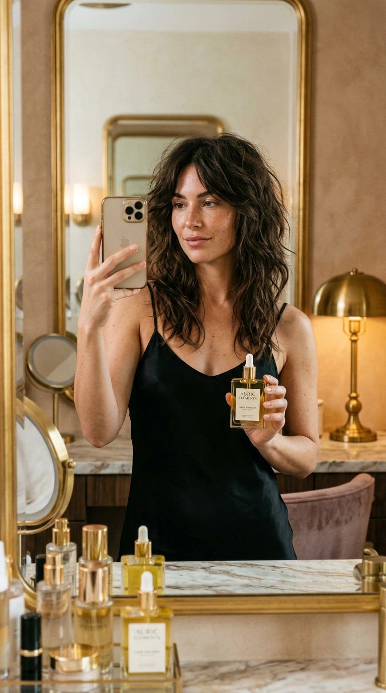 A 9:16 vertical mirror selfie of a woman with a textured long wolf cut, wearing a minimalist black slip dress, holding a luxury glass hair oil bottle, vanity with gold accents and soft warm lighting in the background, photorealistic, Nano Banana style, 35mm lens, editorial aesthetic, highly detailed.