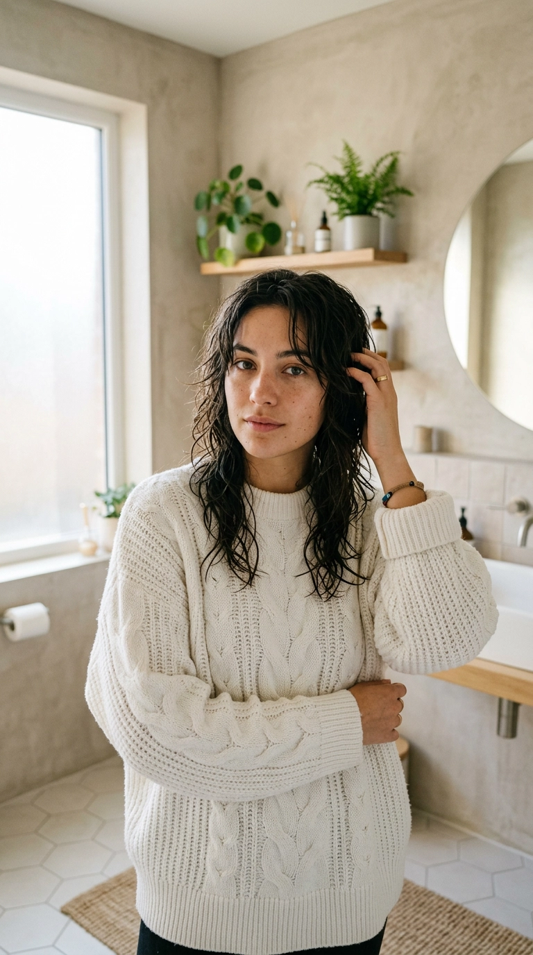 A 9:16 vertical shot of a woman with a damp, air-dried long wolf cut, wearing a cozy oversized white knit sweater, standing in a minimalist bathroom with soft natural light and green plants, photorealistic, Nano Banana style, 35mm lens, soft lighting, realistic skin and hair texture.