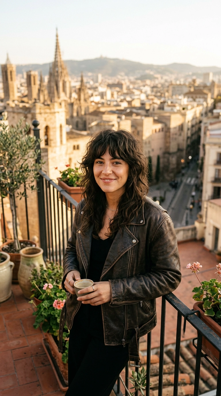 A 9:16 vertical shot of a woman with a wavy long wolf cut, wearing a vintage leather jacket, standing on a sun-filled balcony with city views, photorealistic, Nano Banana style, 35mm lens, natural golden hour lighting, highly detailed texture.