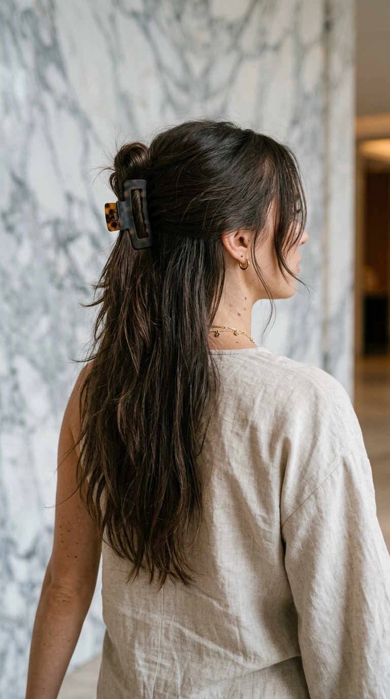 A 9:16 vertical shot from behind of a woman with a long wolf cut styled in a messy claw clip half-updo, wisps of hair framing her face, wearing a neutral linen top, marble background, photorealistic, Nano Banana style, 35mm lens, soft editorial aesthetic.